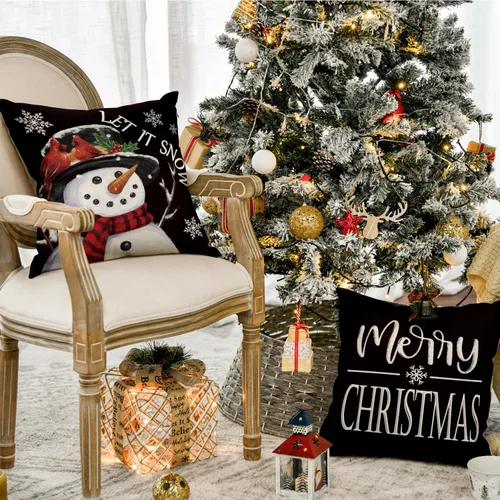 Vista 5 de AVOIN colorlife - Juego de 4 fundas de cojín con diseño de muñeco de nieve, árbol de Navidad y texto "Merry Christmas, Let It Snow, Love" en negro