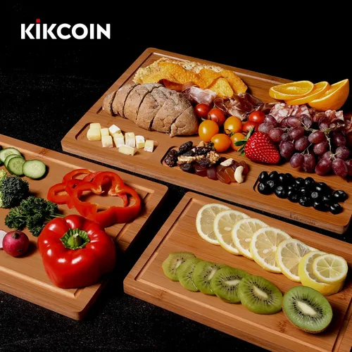 Vista 7 de Kikcoin Tabla de cortar de bambú para cocina, (juego de 3) tabla de cortar de cocina con 3 compartimentos integrados y ranura para jugos, bandeja