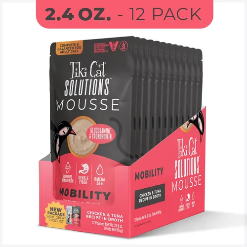 Vista 3 de Tiki Cat Solutions Mobility Mousse, receta de pollo y atún en caldo, formulada para apoyar articulaciones saludables, alimento húmedo funcional