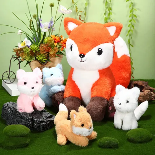 Vista 4 de HyDren Juego de 5 juguetes de peluche de zorro de 14 pulgadas con 4 lindos zorros de peluche en el abdomen, suaves peluches de zorro para baby