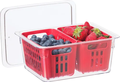 Vista 2 de Oggi Contenedor de bayas para nevera, canasta de doble colador, contenedores ideales para refrigerador, incluye inserto de colador de bayas