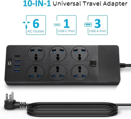 Vista 2 de Adaptador de Corriente Universal, Jumpso Regleta de Alimentación de 3000w con 4 Puertos USB (1 USB C), Cable de Extensión de 6ft con Tomas