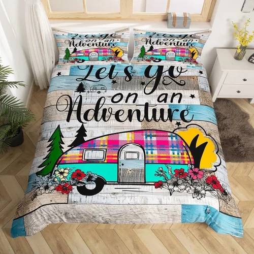 Vista 15 de Erosebridal Juego de funda de edredón de cabaña de cabaña, ropa de cama individual para niños, funda de edredón de campamento feliz, ropa de cama
