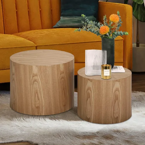 Vista 9 de JUSTONE Juego de mesa auxiliar anidable de 2 piezas, mesas redondas de madera de roble moderno para sala de estar para dormitorio y oficina en casa