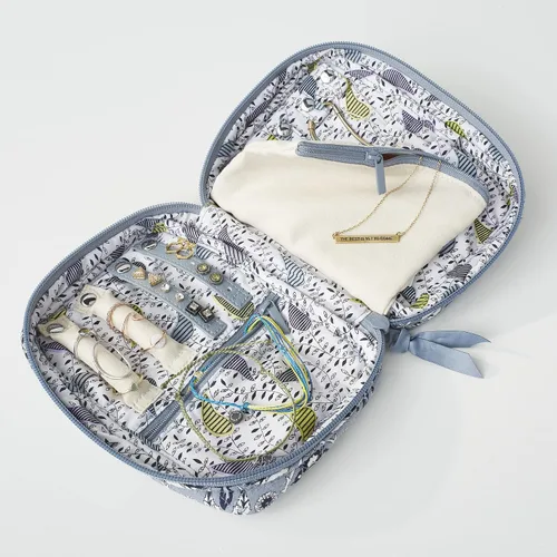 Vista 3 de Estuche organizador de joyas de algodón con cremallera para mujer, Verde floral recién cortado