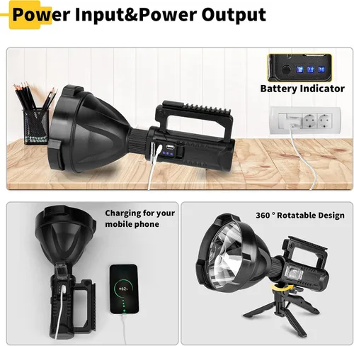 Vista 3 de Superbright - Linterna LED recargable de gran tamaño, 4 modos, de alta potencia, portátil, impermeable, reflector para camping, caza al aire libre