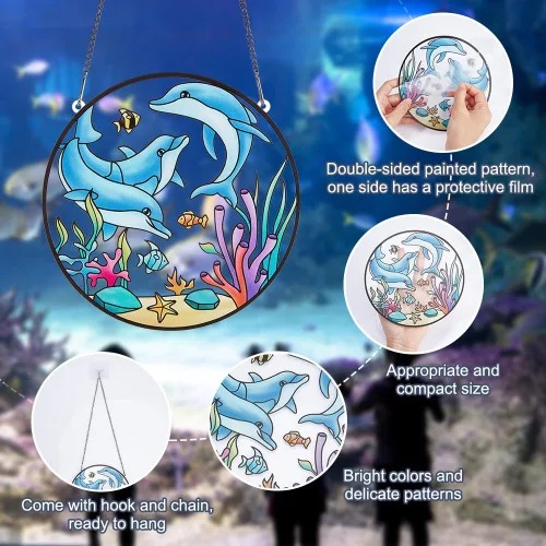 Vista 4 de PLIGREAT Suncatchers - Atrapasoles de cristal acrílico con delfín de pez marino, adorno colgante de árbol para dormitorio, sala de estar, ventana
