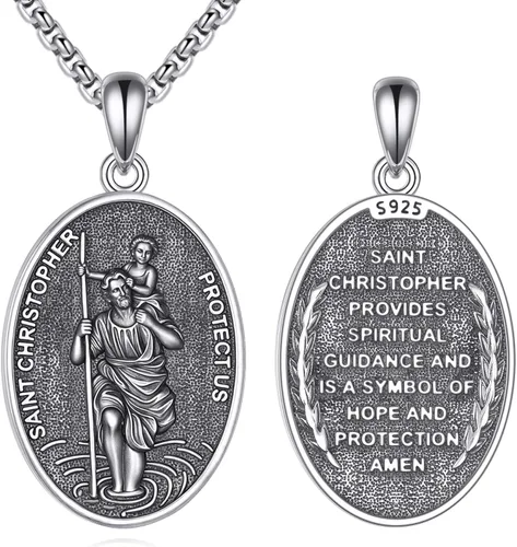 Vista 11 de Collar de Santo Patrón Plata de Ley 925 Colgante Medallón Amuleto Ovalado con Cadena de 22+2 Pulgadas Regalo de Joyería para Hombres y Mujeres