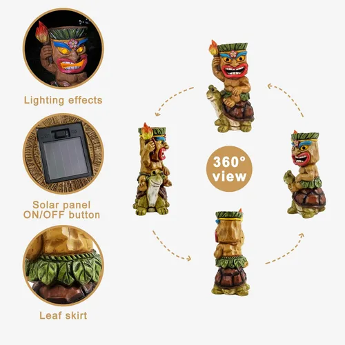 Vista 4 de Estatua de Tiki para exteriores con decoración de tortuga, figura de jardín con energía solar, arte Tiki para Tiki bar, patio trasero, jardín