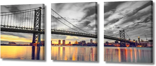 Vista 70 de TUMOVO Arte de pared en blanco y negro con paisaje urbano de Nueva York, decoración de pared de horizonte de Nueva York para sala de estar, puente