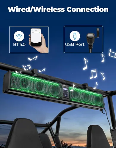 Vista 6 de KEMIMOTO Barra de sonido con 8 altavoces de 32 pulgadas, barra de sonido de metal resistente para ATV UTV, luz RGB impermeable Bluetooth, barra