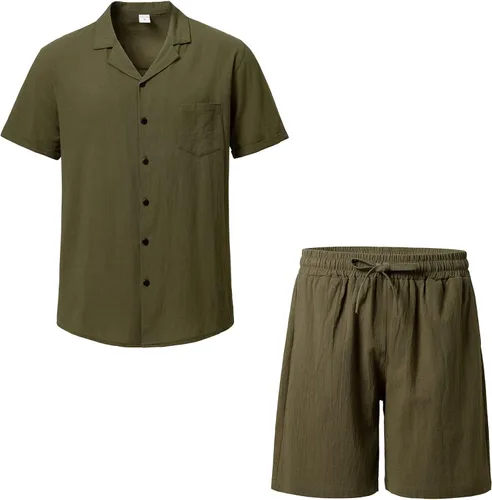 Vista 5 de THWEI Conjunto de 2 piezas para hombre, camisa de manga corta, casual, algodón, con botones, para verano, playa, vacaciones