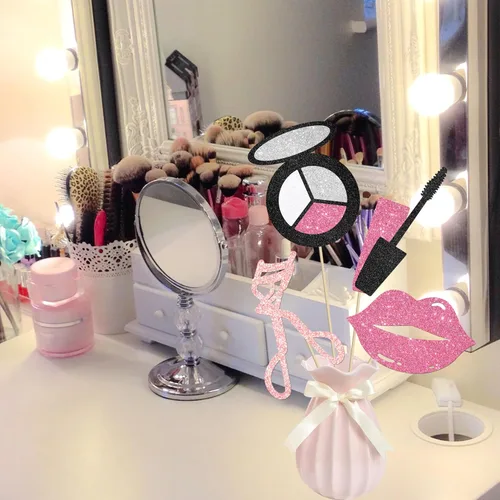 Vista 7 de 12 piezas de centro de mesa de maquillaje con purpurina, para spa, maquillaje, decoraciones de fiesta de cumpleaños para mesa, cosméticos, lápiz