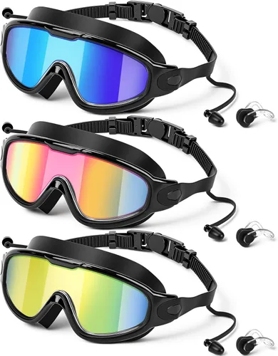 Vista 7 de Konohan Paquete de 3 gafas de natación para adultos, gafas anchas sin fugas, antiniebla, con clips para la nariz, tapones para los oídos