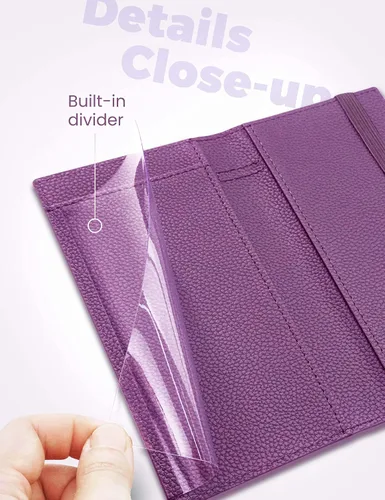 Vista 23 de Yarnic Funda para chequera personal, soporte para chequera con soporte para bolígrafo y divisor de plástico transparente integrado para cheques Rosa