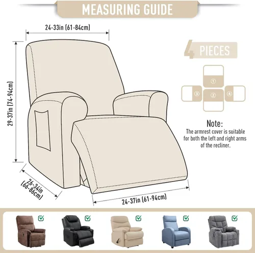 Vista 6 de TAOCOCO Funda reclinable de 4 piezas, funda elástica para sofá reclinable de 4 piezas, funda reclinable con 1 asiento, protector de sofá suave
