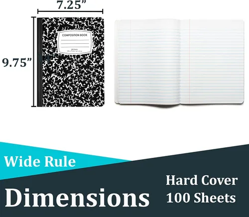 Vista 2 de Cuaderno de composición con rayas anchas, cuadernos de composición de mármol a granel para la escuela, 9.75 x 7.5 pulgadas, 200 páginas, 100 hojas