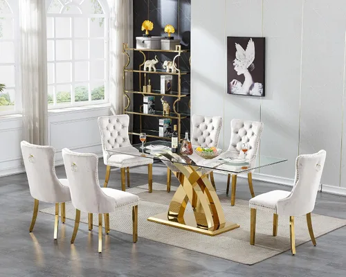 Vista 15 de Moderno juego de mesa de comedor de cristal de 5 piezas para 4, 70 pulgadas rectangular con 4 sillas copetudas de terciopelo beige, juego de mesa