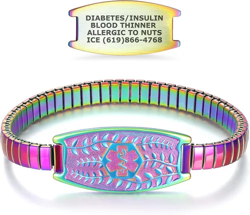 Vista 9 de Pulsera de Alerta Médica Elástica Oliva Divoti – Etiqueta de ID de Acero Inoxidable Grabada Personalizada – Hipoalergénica, Sin Cierre