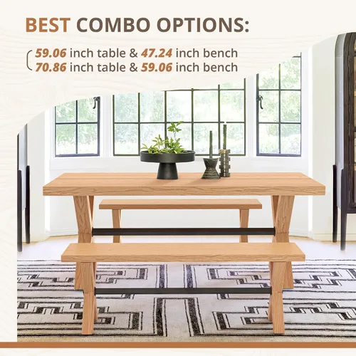 Vista 7 de LUE BONA Banco de comedor de 47 pulgadas con madera maciza, banco de cocina de granja con grano de madera natural, silla de comedor rectangular