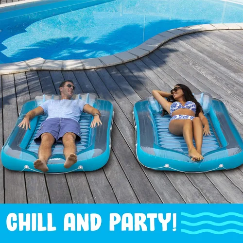 Vista 4 de Flotador inflable azul para tumbona de bronceado – Piscina personal con almohada – 13 años +
