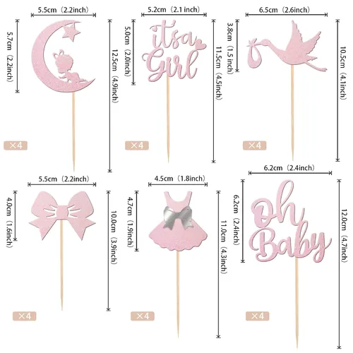 Vista 2 de 24 piezas de adornos para cupcakes con lazo con purpurina, vestido de luna Oh Baby para revelación de género, baby shower, fiesta de cumpleaños
