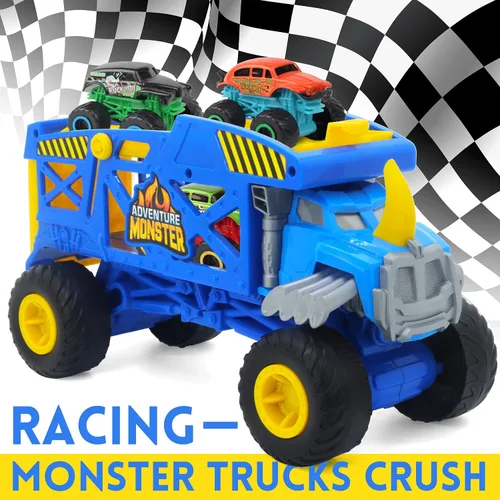 Vista 3 de Monster Trucks Hauler Rhino con 3 mini camiones y lanzamiento de súper rampa, regalo para niños a partir de 3 años