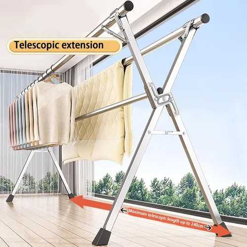 Vista 5 de Estante de secado de ropa de acero inoxidable con ruedas, 95 pulgadas, resistente, plegable y extensible