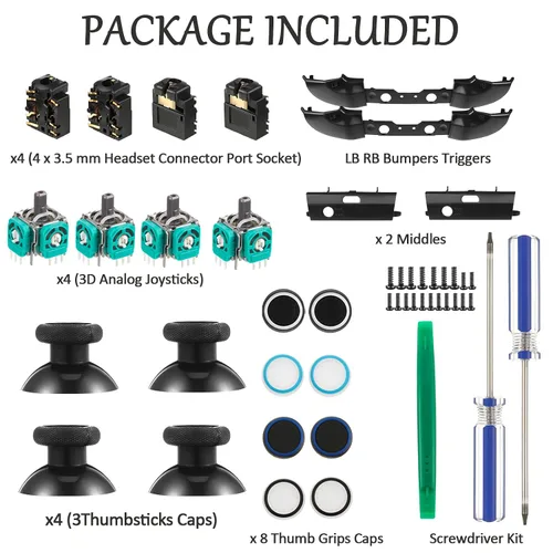 Vista 2 de 31 Pieces Replacement Game Controller Kit Thumbsticks Grips Cover Joystick LB RB Bumpers Triggers ABXY Buttons Headphone Jack Plug Port Screwdriver