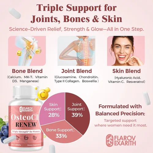 Vista 4 de Suplementos articulares para mujeres OsteoCII Renew Triple Strength - Fórmula avanzada para articulaciones, huesos y piel - colágeno, glucosamina