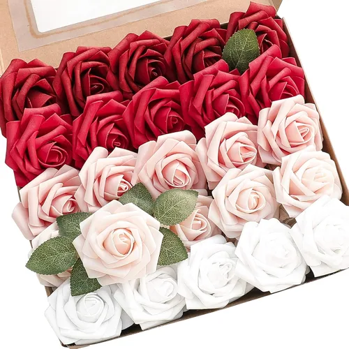 Vista 47 de Floroom Flores artificiales, 25 piezas de rosas falsas de espuma dorada antigua de aspecto real con tallos para ramos de boda DIY, centros de mesa