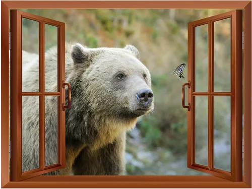 Vista 2 de wall26 Adhesivo decorativo para pared, diseño de oso y mariposa fuera de una ventana abierta, no se pega ni se pega, papel tapiz no tejido
