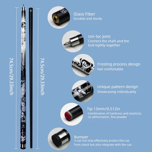 Vista 2 de Taco de billar de fibra de vidrio con gráfico de calavera – Diseño dividido de 1/2, punta de cuero arcoíris de 0.512 in, funda protectora