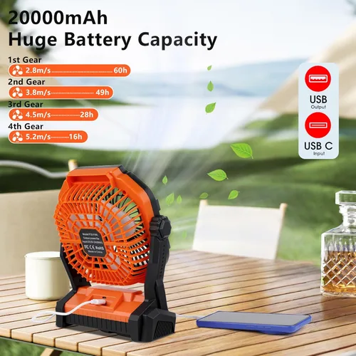 Vista 2 de Ventilador de camping recargable, ventilador portátil de 20000 mAh con linterna LED, 4 velocidades, USB C, funciona con pilas para camping, viajes