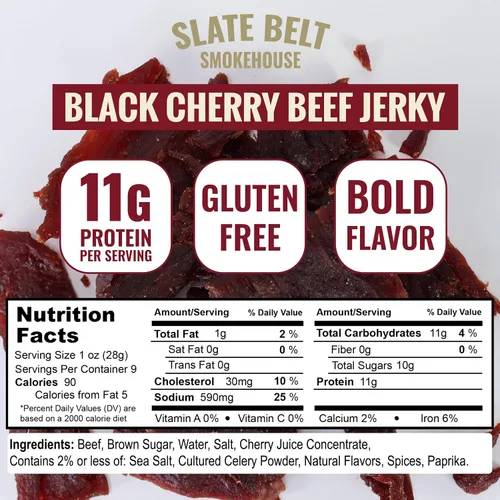 Vista 2 de Slate Belt Smokehouse Black Cherry Beef Jerky, aperitivo alto en proteínas, cecina sin gluten, 9 onzas