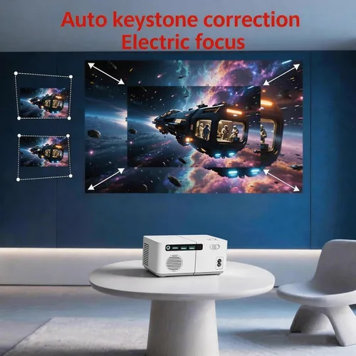 Vista 7 de Mini proyector con WiFi y Bluetooth【Keystone automático y enfoque eléctrico y giratorio】Proyector con soporte integrado Proyector Android adecuado