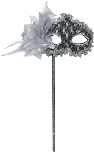 Vista 12 de AZYOUNG Máscaras de mascarada para mujer, con plumas, laterales, pétalos, flores, pétalos, máscara de encaje de mano con palo