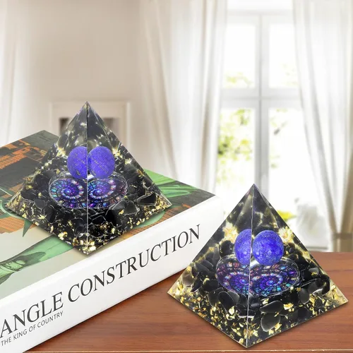 Vista 3 de Amogeeli Pirámide de cristal de orgón de lapislázuli con protección de símbolo espiritual para decoración de oficina en casa
