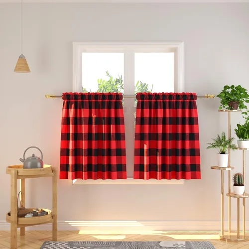 Vista 128 de Cenefas de cortina para ventana de 16 pulgadas de largo, 2 paneles de cuadros búfalo, cortinas pequeñas con bolsillo para barra, estilo clásico