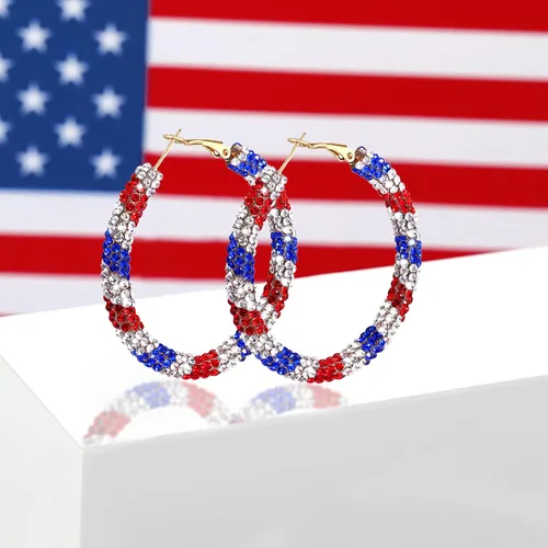 Vista 5 de MUYUU Pendientes rojos, blancos y azules, aretes de aro patrióticos con bandera de EE. UU. para mujer, joyería patriótica, chapado en rosa, Diamante
