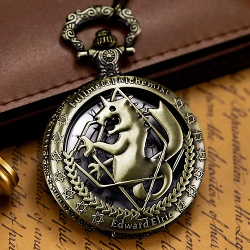 Vista 5 de Reloj de bolsillo Fullmetal Alchemist Edward Elric Anime con cadena de llavero y caja de collar, bronce, 1. Bronce, Retro