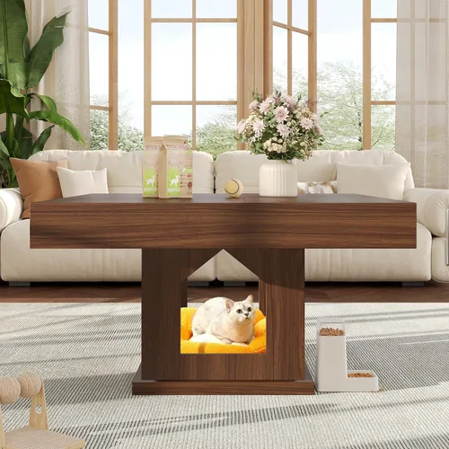 Vista 6 de [Usado] knoworld Mesa auxiliar cuadrada, mesa de centro de madera con almacenamiento y casa para gatos, mesa de cóctel marrón rústica para sala