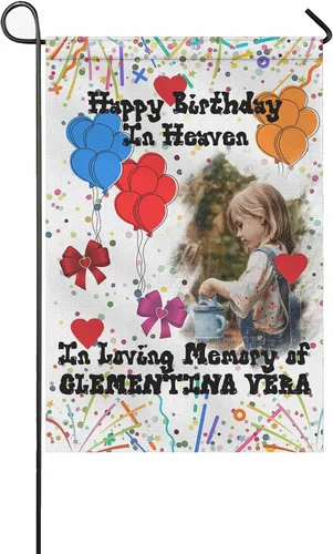 Vista 6 de Bandera conmemorativa personalizada para jardín con nombre de foto, fecha para patio al aire libre, decoración de cementerio para tumba, doble cara