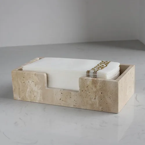 Vista 8 de Portatollas para invitados de travertino natural de 9.8" × 4.9" para baño, portaservilletas rectangular con borde festoneado, bandeja para toallas