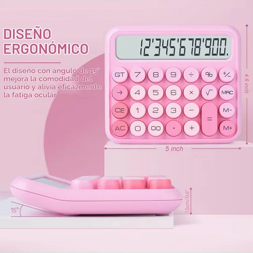 Vista 2 de Interruptor mecánico calculadora rosa de 12 dígitos - Pantalla LCD grande, botones grandes, escritorio, lindo, para uso diario