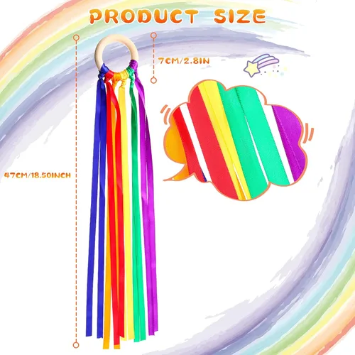 Vista 2 de Deekin 12 piezas de cinta de arco iris de madera Waldorf juguetes creativos Waldorf juego de cometas de mano serpentinas con anillo de madera