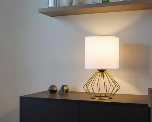 Vista 3 de Juego de 2 lámparas de mesa Hamilyeah, lámparas de mesita modernas con pantalla de tela blanca, lámparas de pie industriales con interruptor