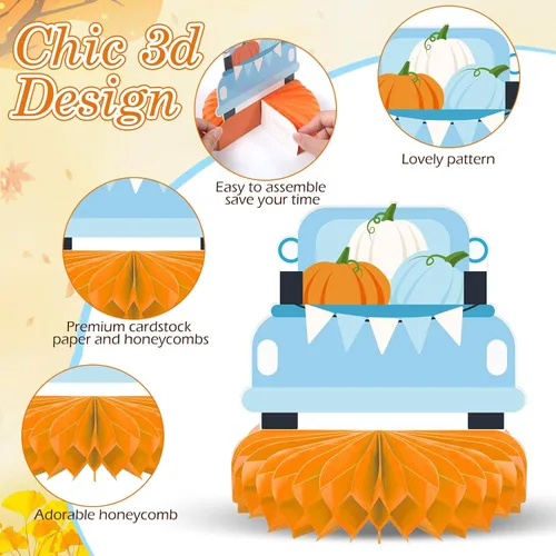 Vista 3 de Dianelhall 9 piezas de centros de mesa de Acción de Gracias con forma de panal de abeja, decoración de mesa de fiesta de calabaza, para otoño Azul