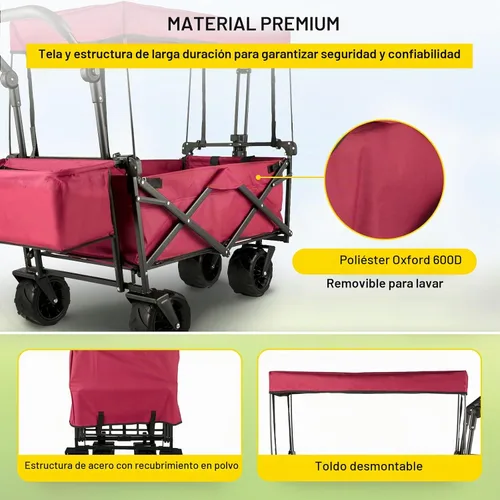Vista 4 de Happbuy Vagón Plegable con Toldo Extraíble, 220lbs Vagón de Playa Plegable de Servicio Pesado con Ruedas Grandes Rojo