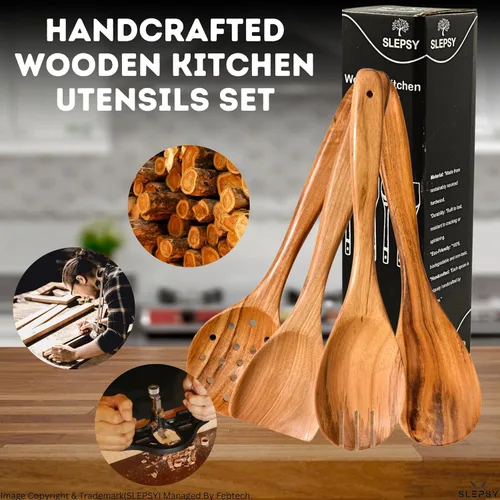 Vista 7 de Juego de 6 cucharas y utensilios de madera para cocinar, herramientas de cocina de madera de teca de acabado liso con agarre cómodo, cucharas